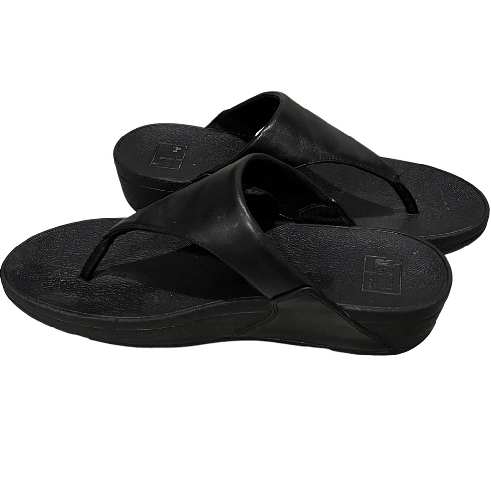 Fitflop Lulu Black Leather Thong Wedge Sandals